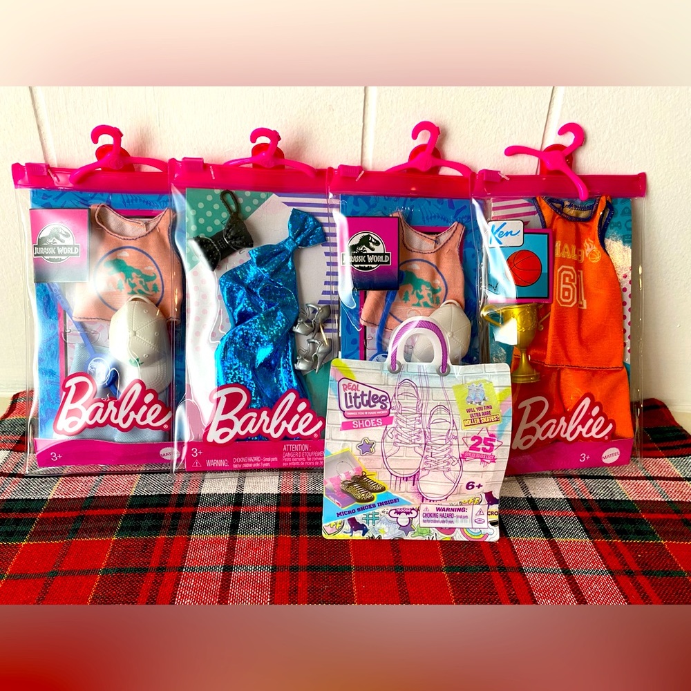 Barbie doll clothes sets of 4 and 1 pair of Real Little shoes.